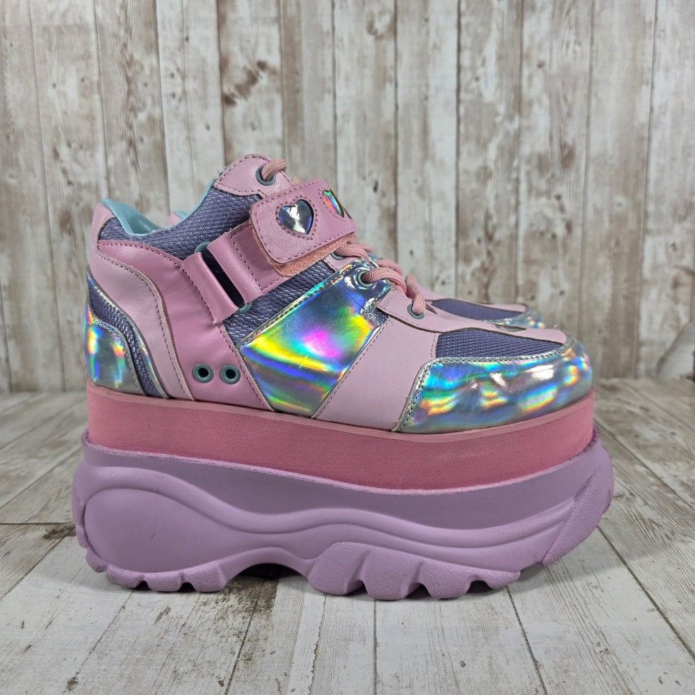 Sugar Thrillz Pink Holographic Heart Platform Sneakers Womens 7M Y2K Rave Shoes